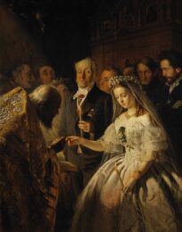 Василий Пукирев, «Неравный брак». Сцена венчания в церкви: молодая заплаканная невеста в белом платье и пожилой суровый чиновник в окружении гостей в полумраке храма